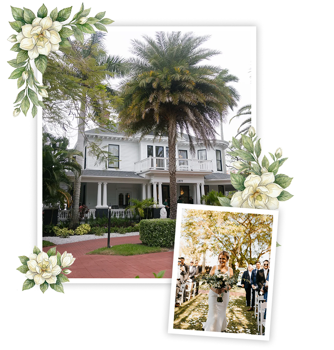 A white, two-story Heitman House with palm trees and a wraparound porch; overlaid is a smiling bride walking down an outdoor aisle at this top waterfront wedding venue, surrounded by guests and decorative floral accents on the corners. A white, two-story Heitman House with palm trees and a wraparound porch; overlaid is a smiling bride walking down an outdoor aisle at this top waterfront wedding venue, surrounded by guests and decorative floral accents on the corners.